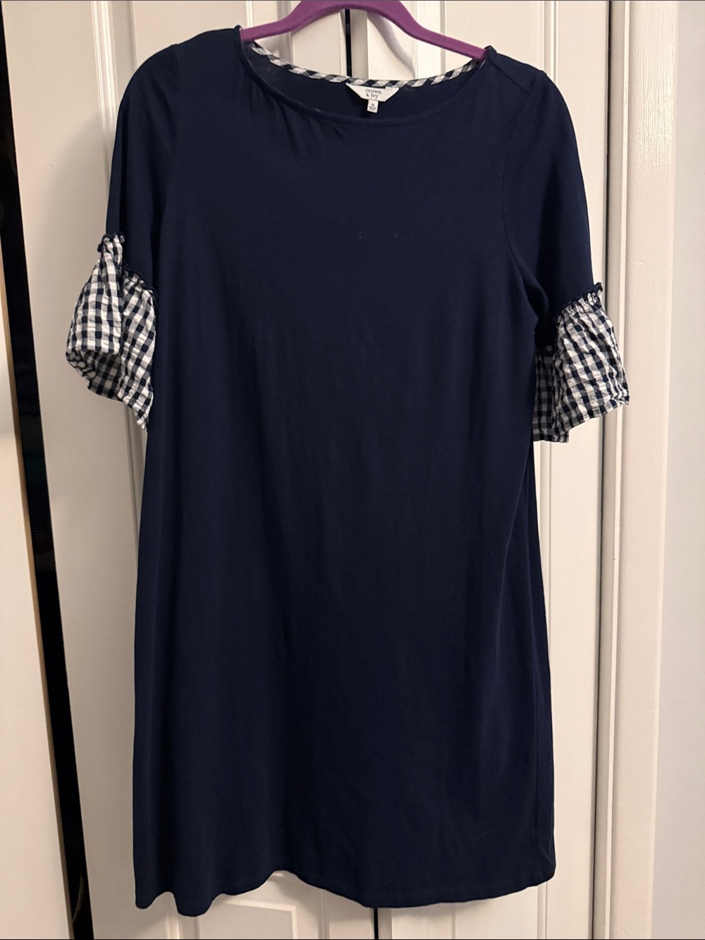 crown & ivy Navy Short Sleeve Tee Dress with Gingham Ruffle Sleeves